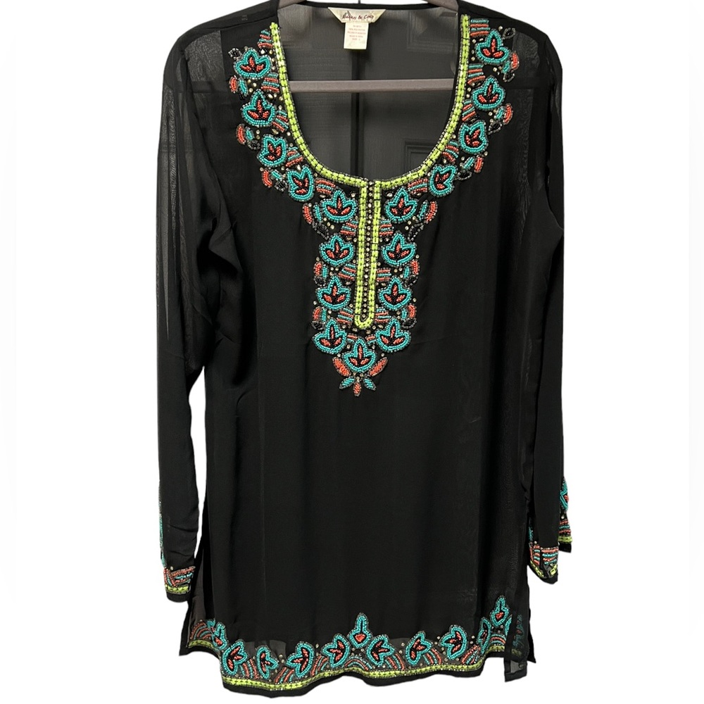 Lucky & Coco Beaded black Coverup/ Tunic Sheer Stunning Colorful Hand Beading
